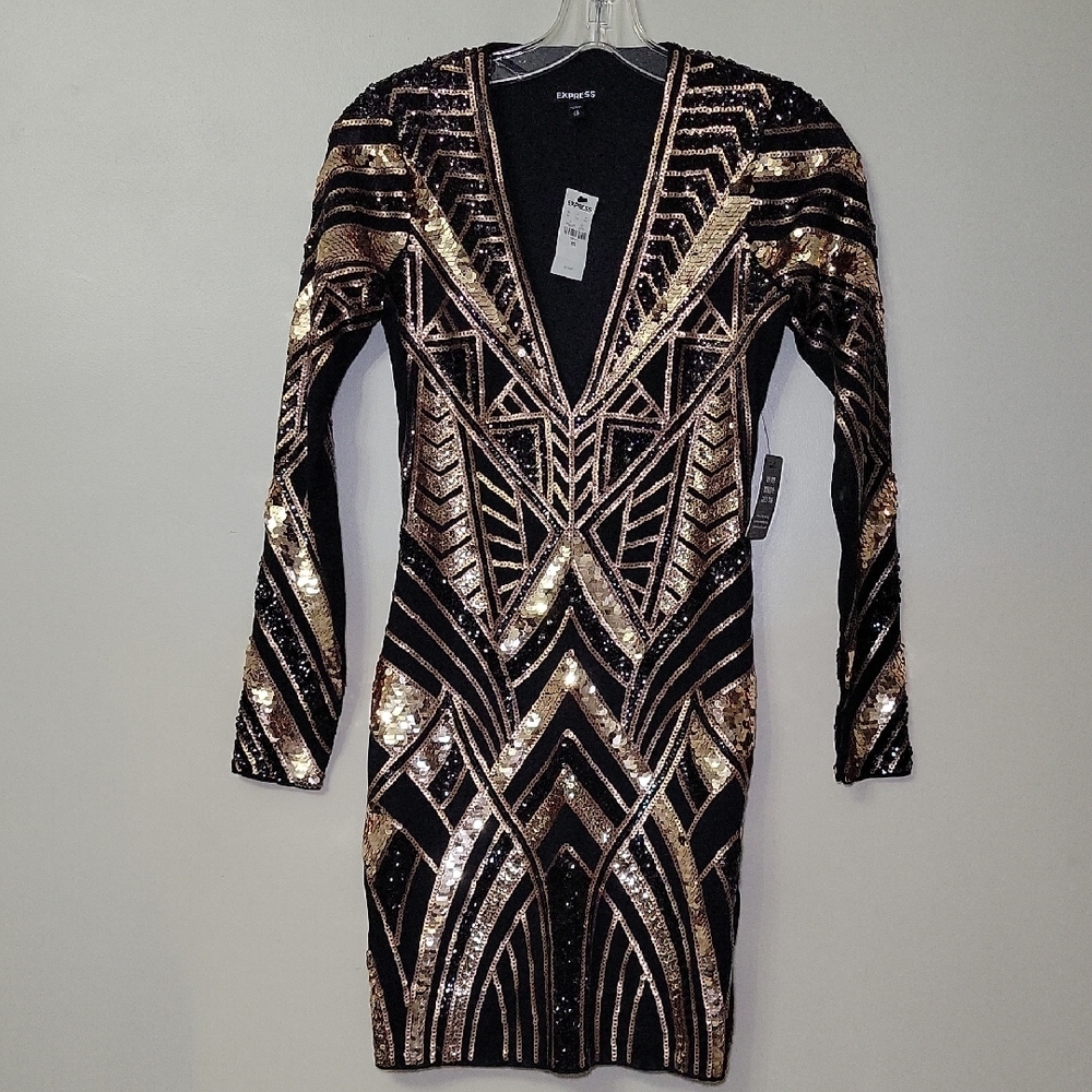 Express Black/Gold Long‎ Sleeve Sequined Aztec Print V-Neck XS Bodycon NTW
